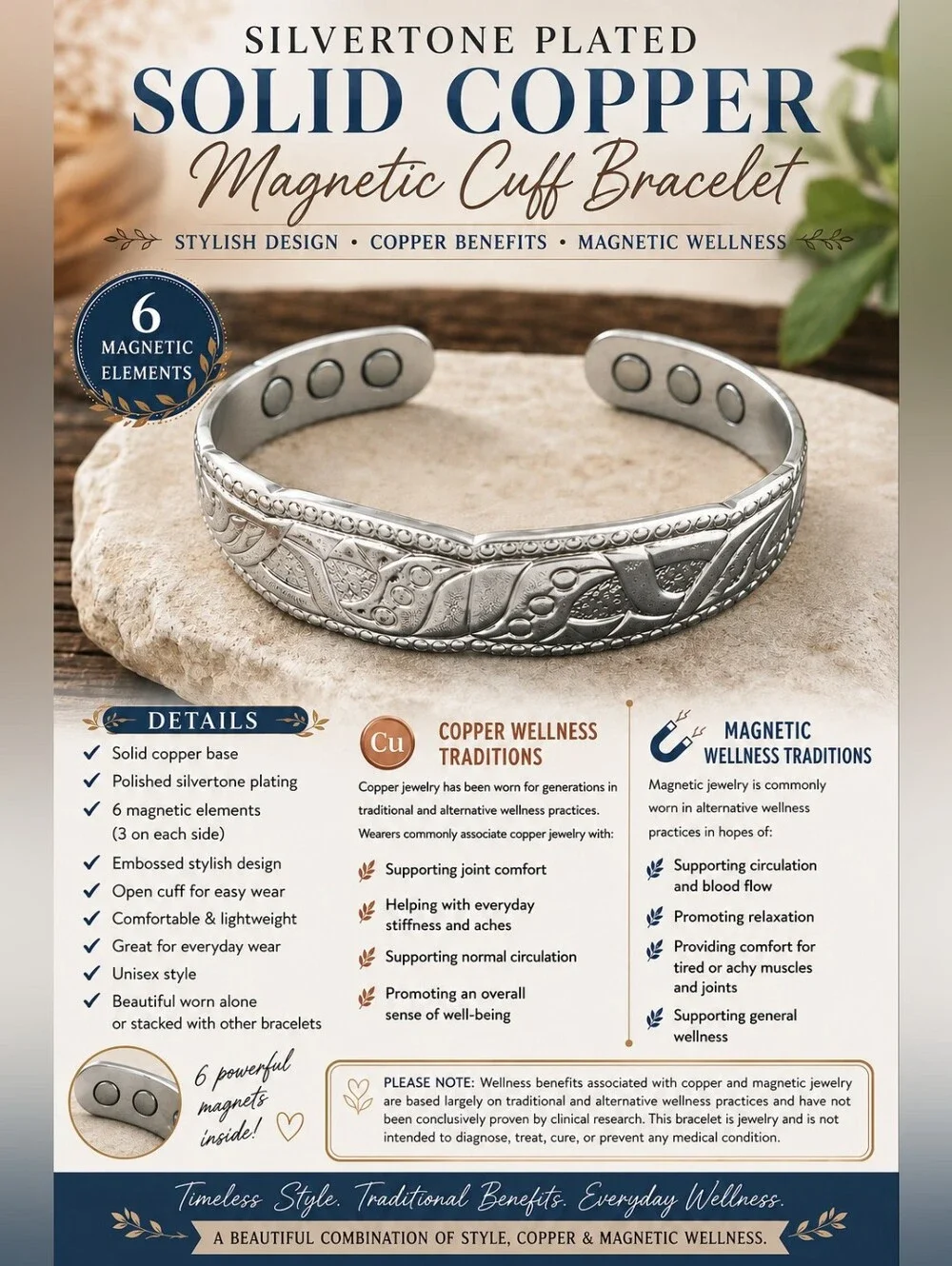 Silvertone Plated Copper Magnetic Cuff Bracelet — Silver